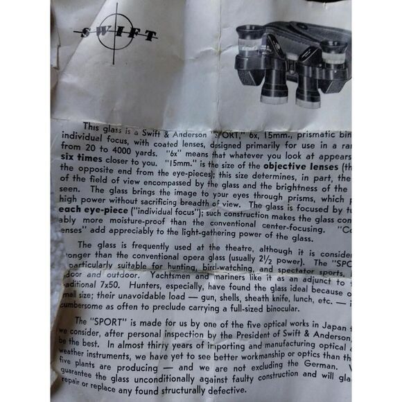 Vintage Swift & Anderson Sport 6x, 15 Sport Compact/Miniature Binoculars, 1953 - Picture 9 of 11